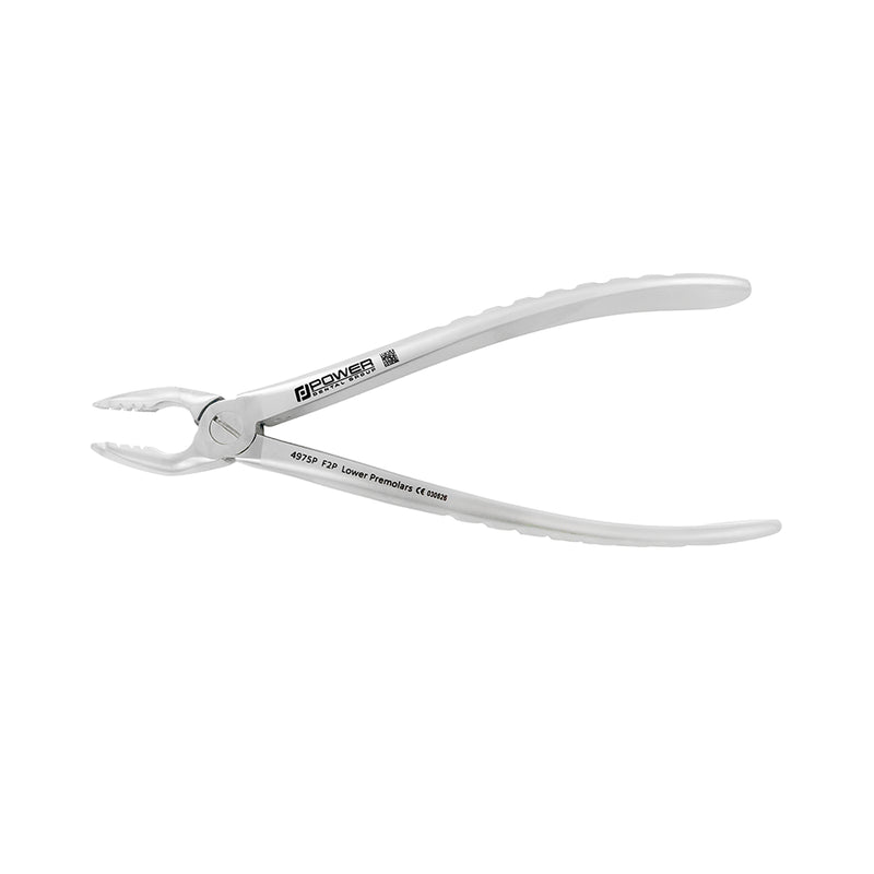 Reverse side view of Power Atraumatic Extraction Forceps #151 F2P for lower premolars with compact ergonomic handle