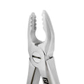 Angled close-up of Power Atraumatic Extraction Forceps Straight F3P showing serrated tapered beaks for upper anteriors