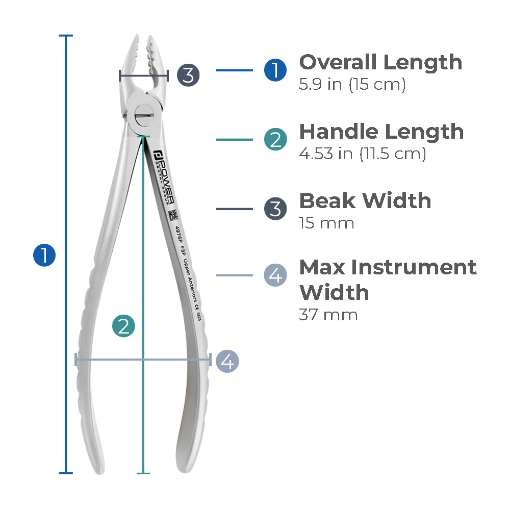 Dimensions of Power Atraumatic Extraction Forceps Straight F3P showing overall length, handle length, beak width, and maximum instrument width