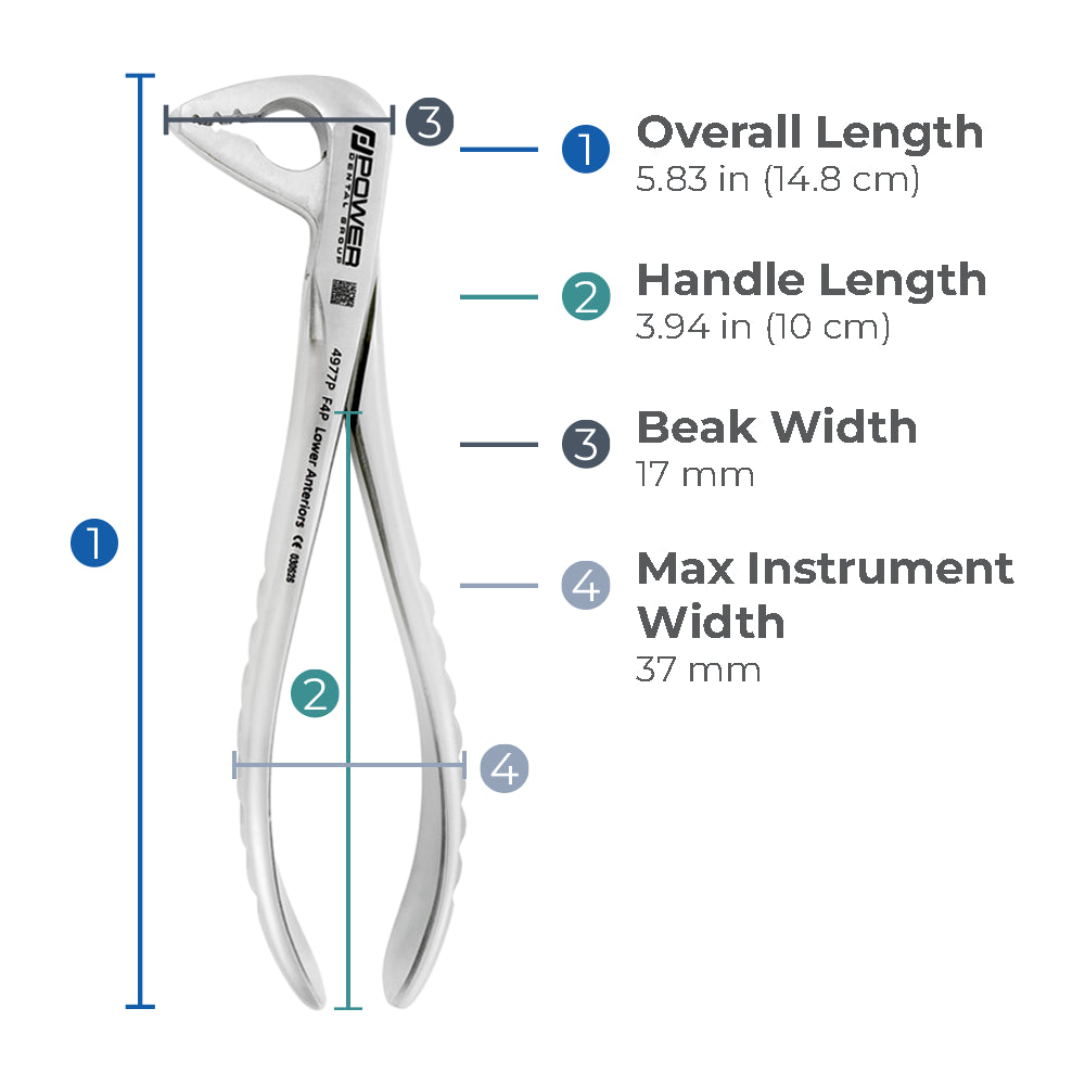 Dimensions of Power Atraumatic Extraction Forceps Ash F4P showing overall length, handle length, beak width, and maximum instrument width