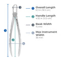Dimensions of Power Universal F7CP lower molar atraumatic extraction forceps including overall length, handle length, beak width, and max instrument width