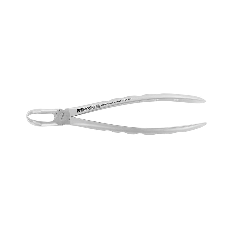 Full side profile of Power Universal F7CP lower molar atraumatic extraction forceps with modified cowhorn design