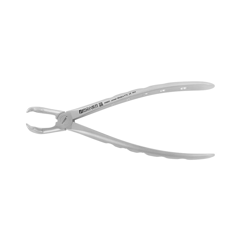 Isolated view of Power Universal F7CP lower molar atraumatic extraction forceps with modified cowhorn profile