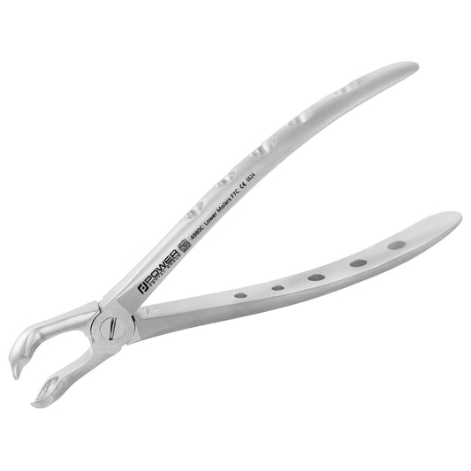 Power atraumatic extraction forceps Universal F7CP for lower molars with modified cowhorn profile, main angled view