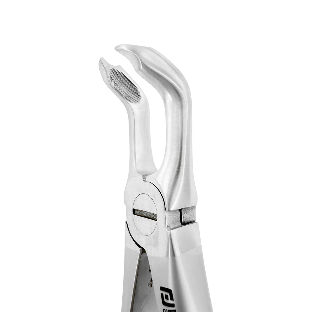 Side close-up of Universal F7CP lower molar atraumatic extraction forceps showing serrated beaks and tapered working ends