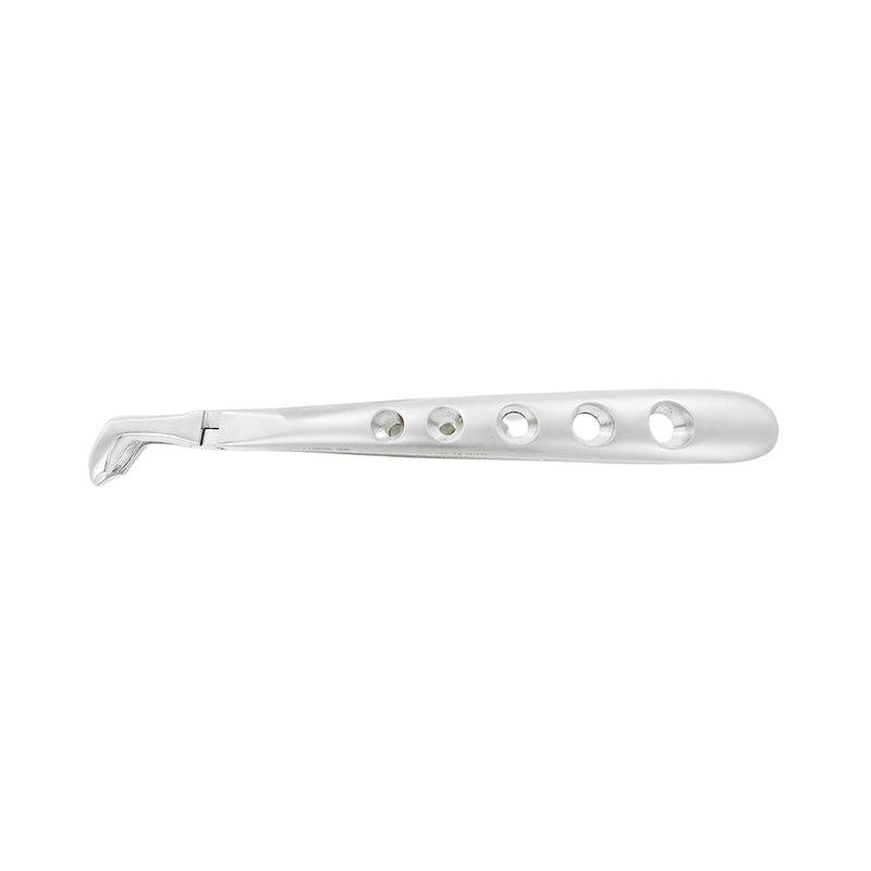 Side detail of Universal F7CP lower molar atraumatic extraction forceps showing modified cowhorn working end and handle profile