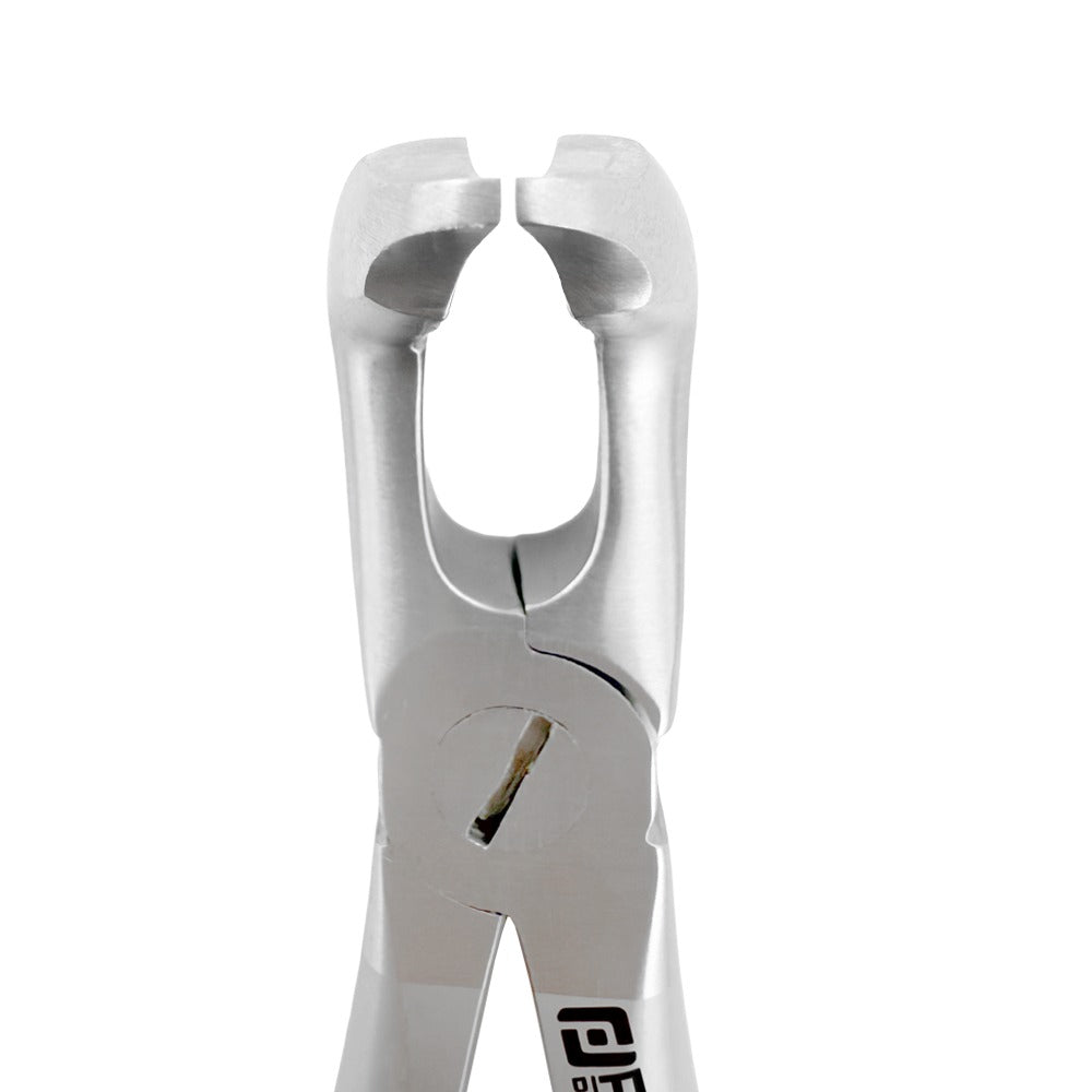 Front close-up of Universal F7CP lower molar atraumatic extraction forceps showing modified cowhorn beak geometry