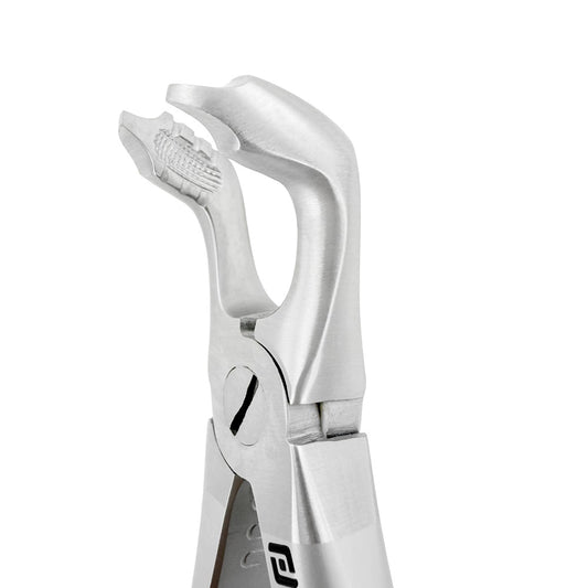 Side close-up of Universal F7CP lower molar atraumatic extraction forceps showing modified cowhorn beak profile and serrated working end