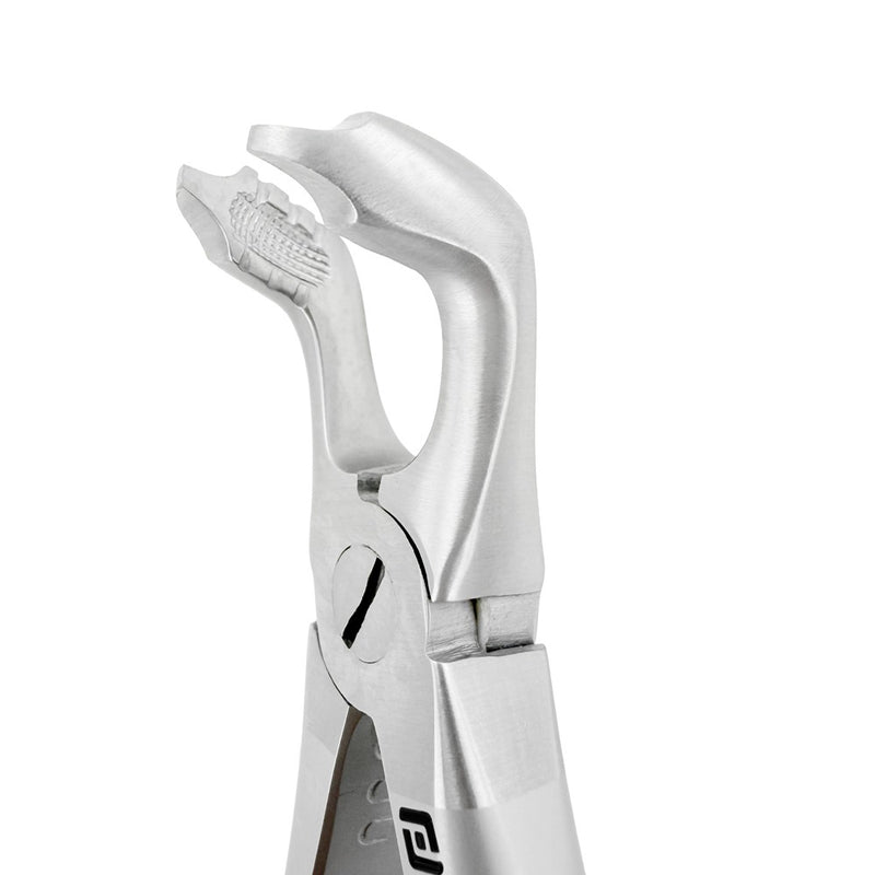 Side close-up of Universal F7CP lower molar atraumatic extraction forceps showing modified cowhorn beak profile and serrated working end