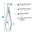 Dimensions of Power Universal F7CP lower molar atraumatic extraction forceps including overall length, handle length, beak width, and max instrument width