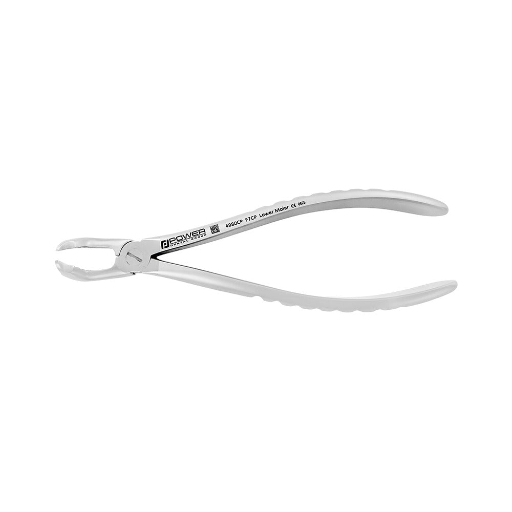 Full profile view of Power Universal F7CP lower molar atraumatic extraction forceps with compact handle
