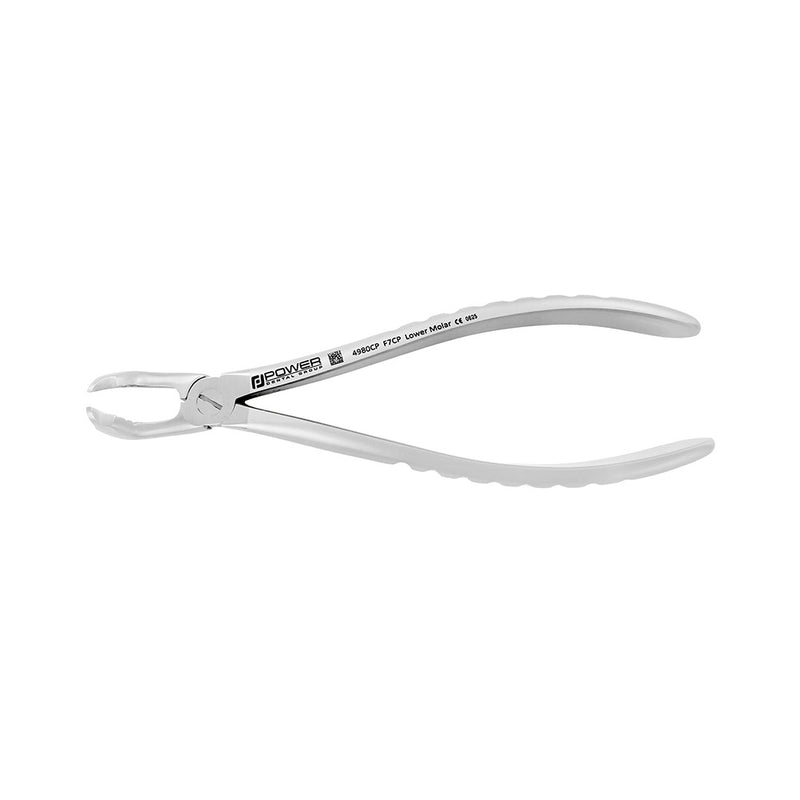 Full profile view of Power Universal F7CP lower molar atraumatic extraction forceps with compact handle