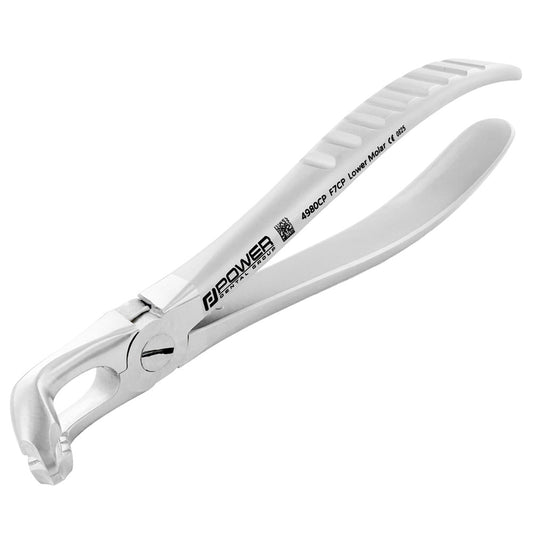 Power atraumatic extraction forceps Universal F7CP for lower molars with modified cowhorn profile and compact handle, main angled view