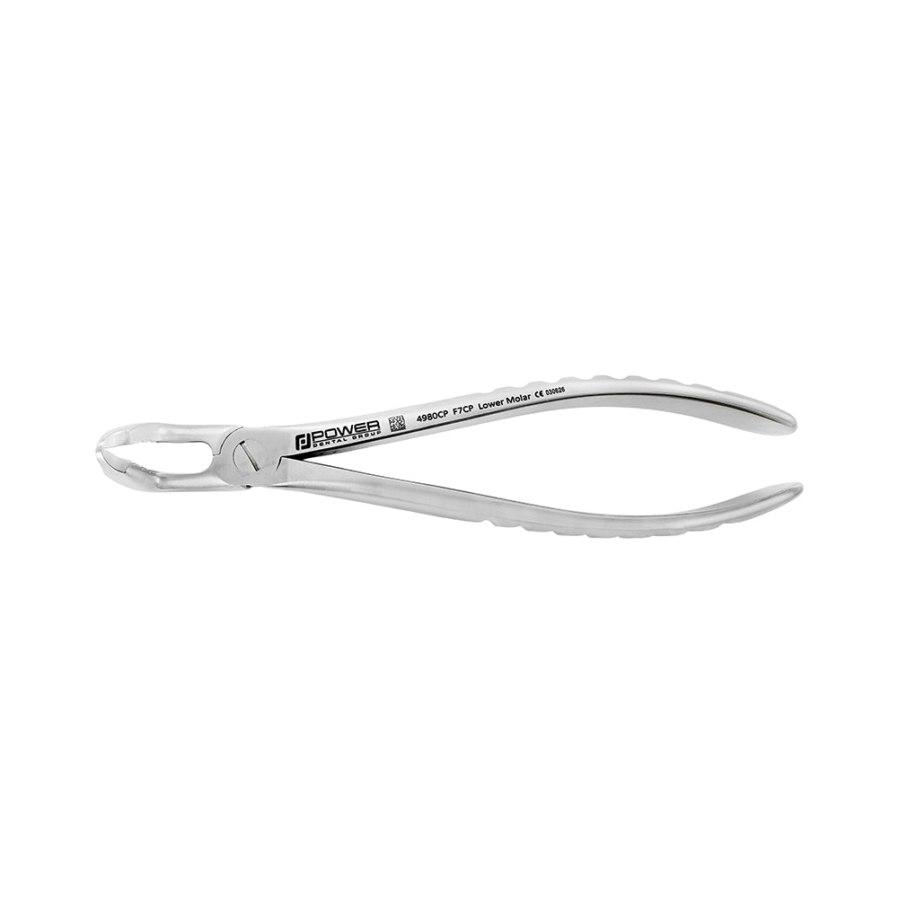 Side profile of Power Universal F7CP lower molar atraumatic extraction forceps with modified cowhorn profile and compact handle