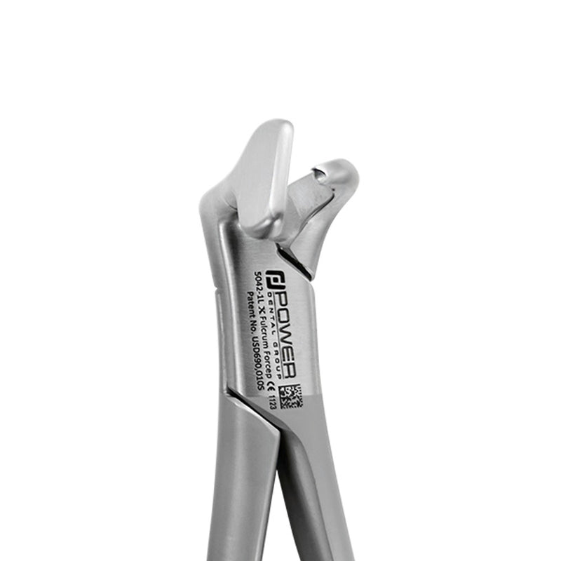 Hawk talon tip on 5042-1 Power Fulcrum Extraction Forceps Left for cervical tooth engagement