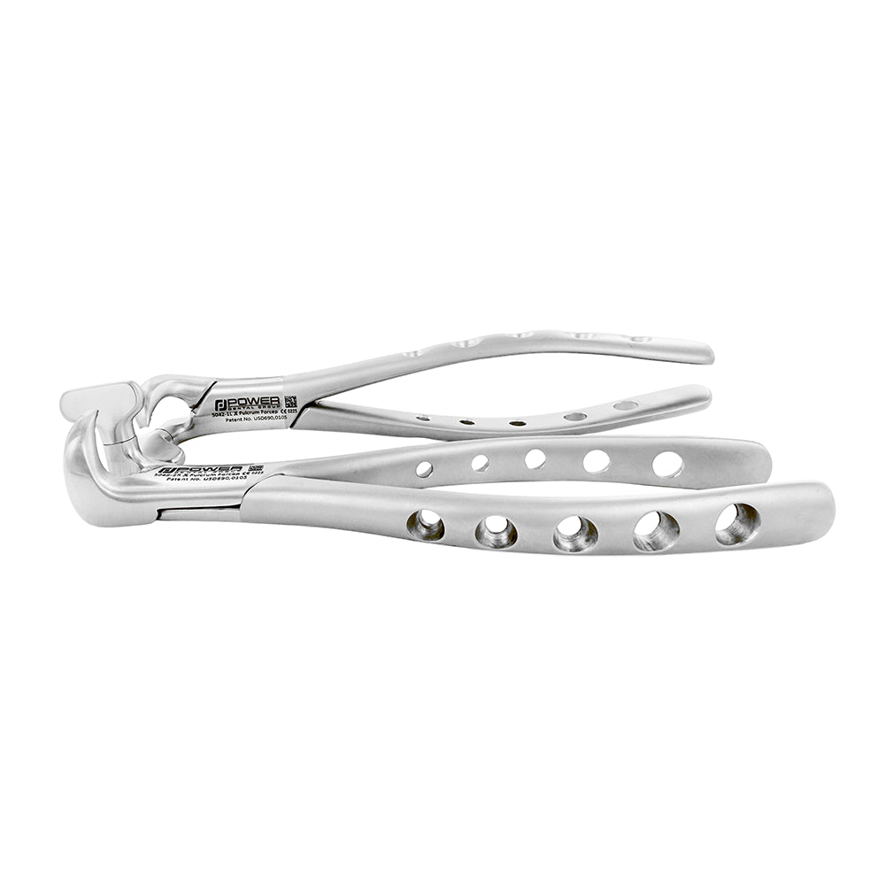 Left and right Power Fulcrum extraction forceps with perforated handles and hawk talon tips
