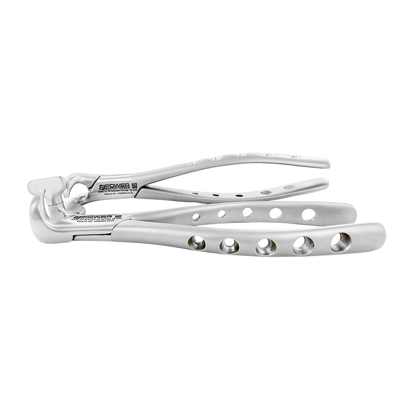 Left and right Power Fulcrum extraction forceps with perforated handles and hawk talon tips