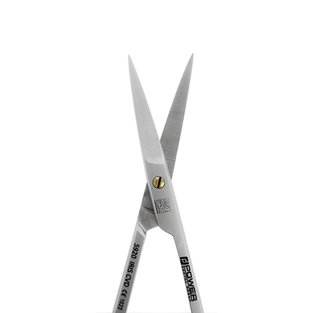 Close-up of fine curved blades on Iris Scissors for delicate soft-tissue trimming