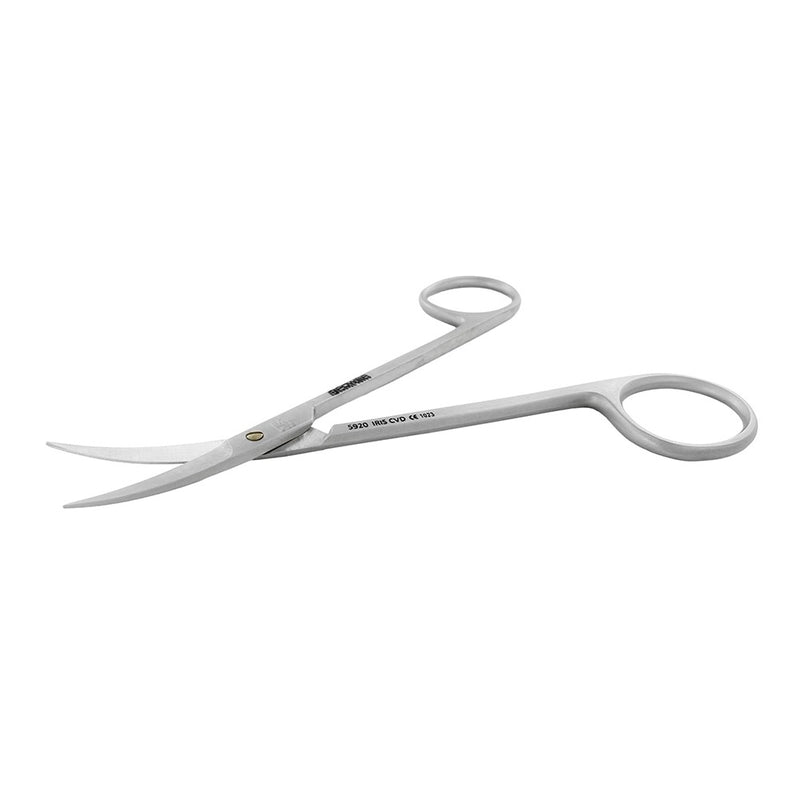 Curved Iris Scissors with open blades for controlled soft-tissue and suture cutting