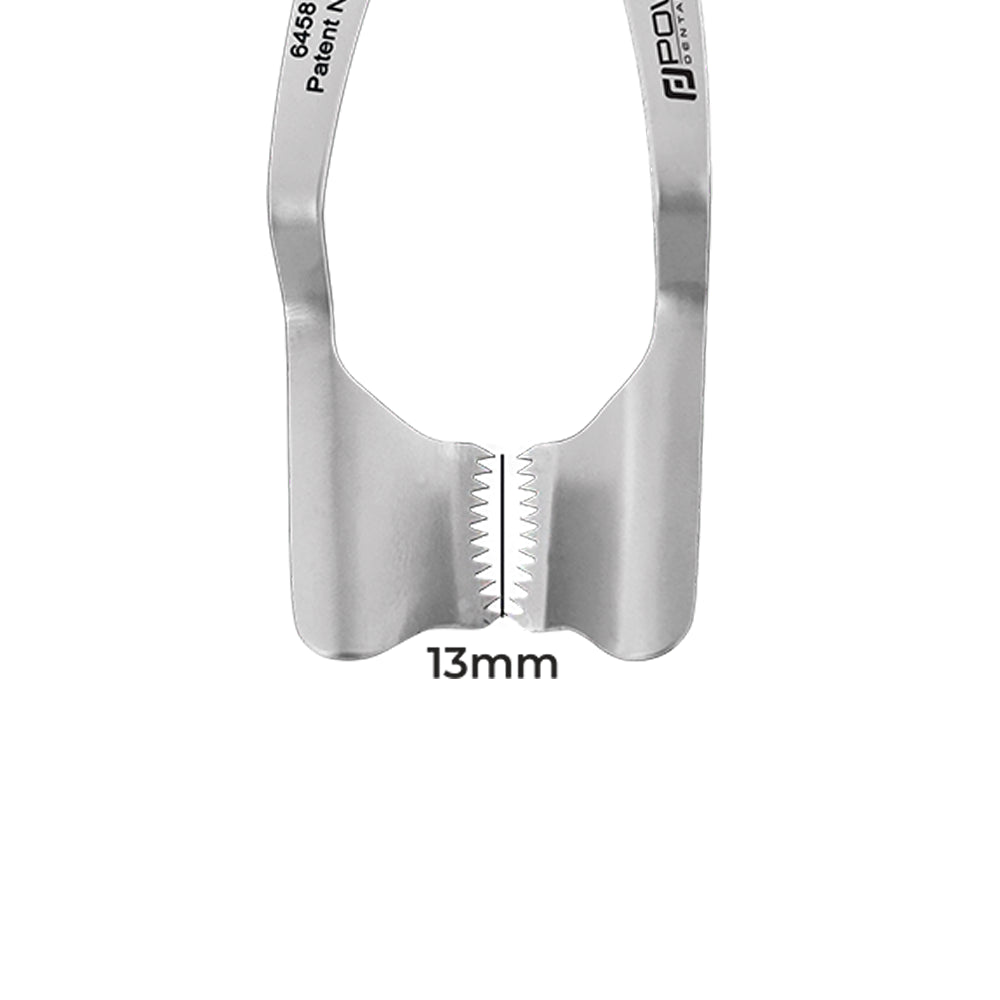 Close-up of 13 mm serrated blade designed for stable bone engagement