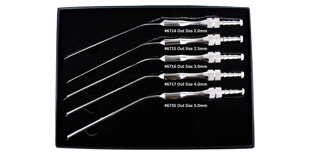 FRAZIER ASPIRATOR SUCTION SET OF 5 FRENCH STYLE WITH CONTROL RELIEF HOLE. 2.0mm, 2.5mm, 3.