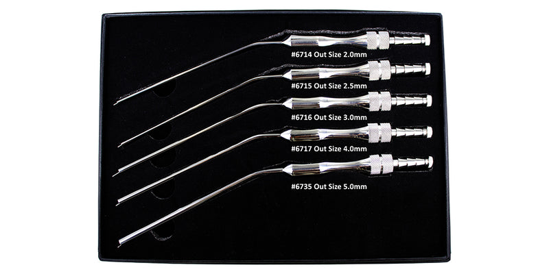 FRAZIER ASPIRATOR SUCTION SET OF 5 FRENCH STYLE WITH CONTROL RELIEF HOLE. 2.0mm, 2.5mm, 3.