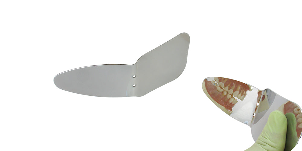 Double-ended photographic stainless steel mirror for adult and child occlusal and buccal intraoral views, SKU 6952A