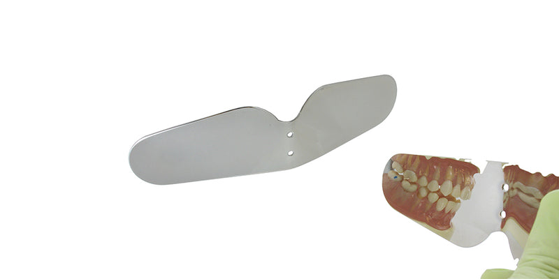 Double-ended buccal and lateral photographic stainless steel mirror with two working profiles and intraoral use example, SKU 6952C