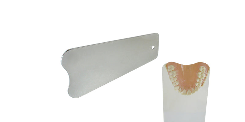 Single-ended tapered buccal and lateral photographic stainless steel mirror with intraoral use example, SKU 6952D