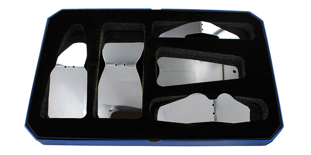 Set of five polished stainless steel intraoral photographic mirrors for occlusal, buccal, lateral, adult, and child views, SKU 6952K