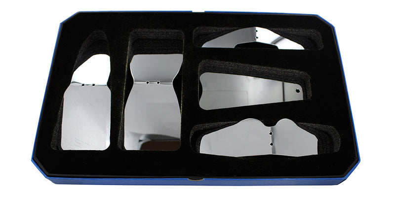 Set of five polished stainless steel intraoral photographic mirrors for occlusal, buccal, lateral, adult, and child views, SKU 6952K