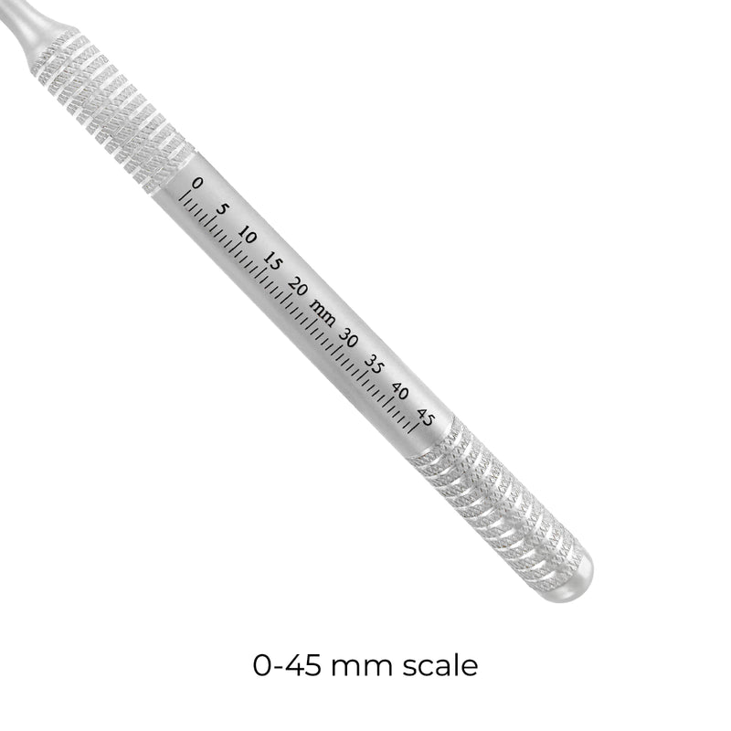 Close-up of 6EZ Ø10 mm mirror handle with 0–45 mm measurement scale