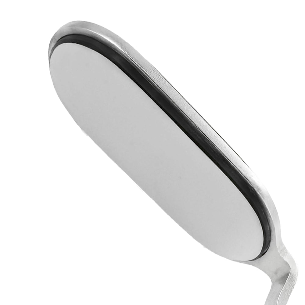 Espejo quirúrgico eléctrico de doble cara (22 × 37 mm) con mango de acero inoxidable y diámetro de 13 mm.