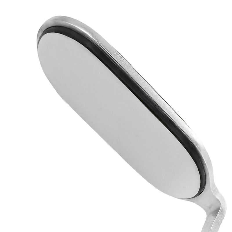 Espejo quirúrgico eléctrico de doble cara (22 × 37 mm) con mango de acero inoxidable y diámetro de 13 mm.