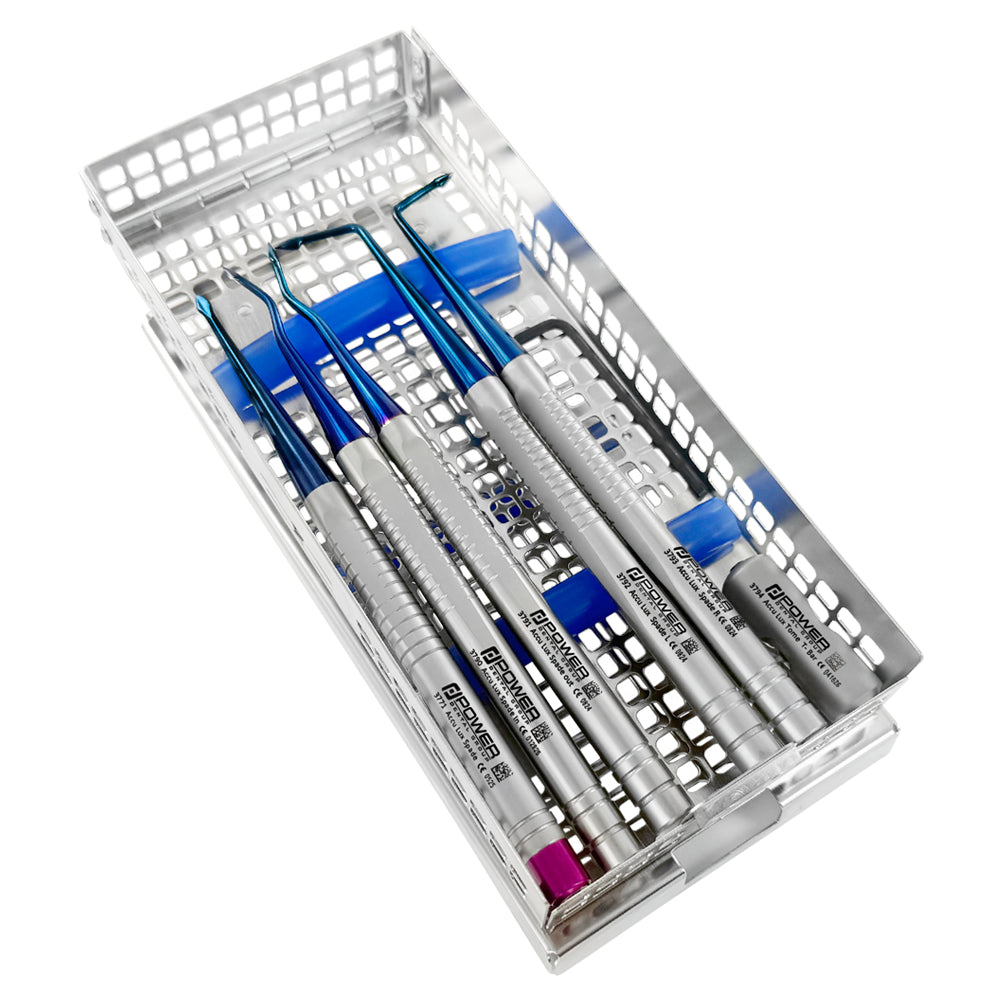Accu Lux-Tome Full Spade Kit organized in a double-hinged utility cassette for storage and sterilization