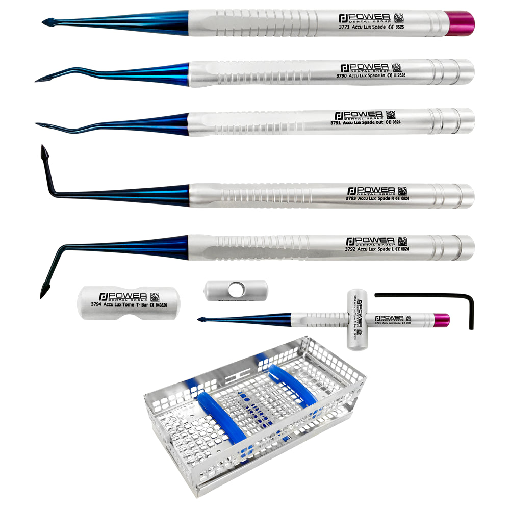 Accu Lux-Tome Full Spade Kit with titanium-coated serrated spade luxating instruments, T-Bar accessory, and utility cassette