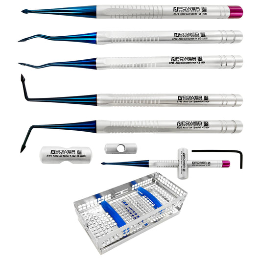 Accu Lux-Tome Full Spade Kit with titanium-coated serrated spade luxating instruments, T-Bar accessory, and utility cassette