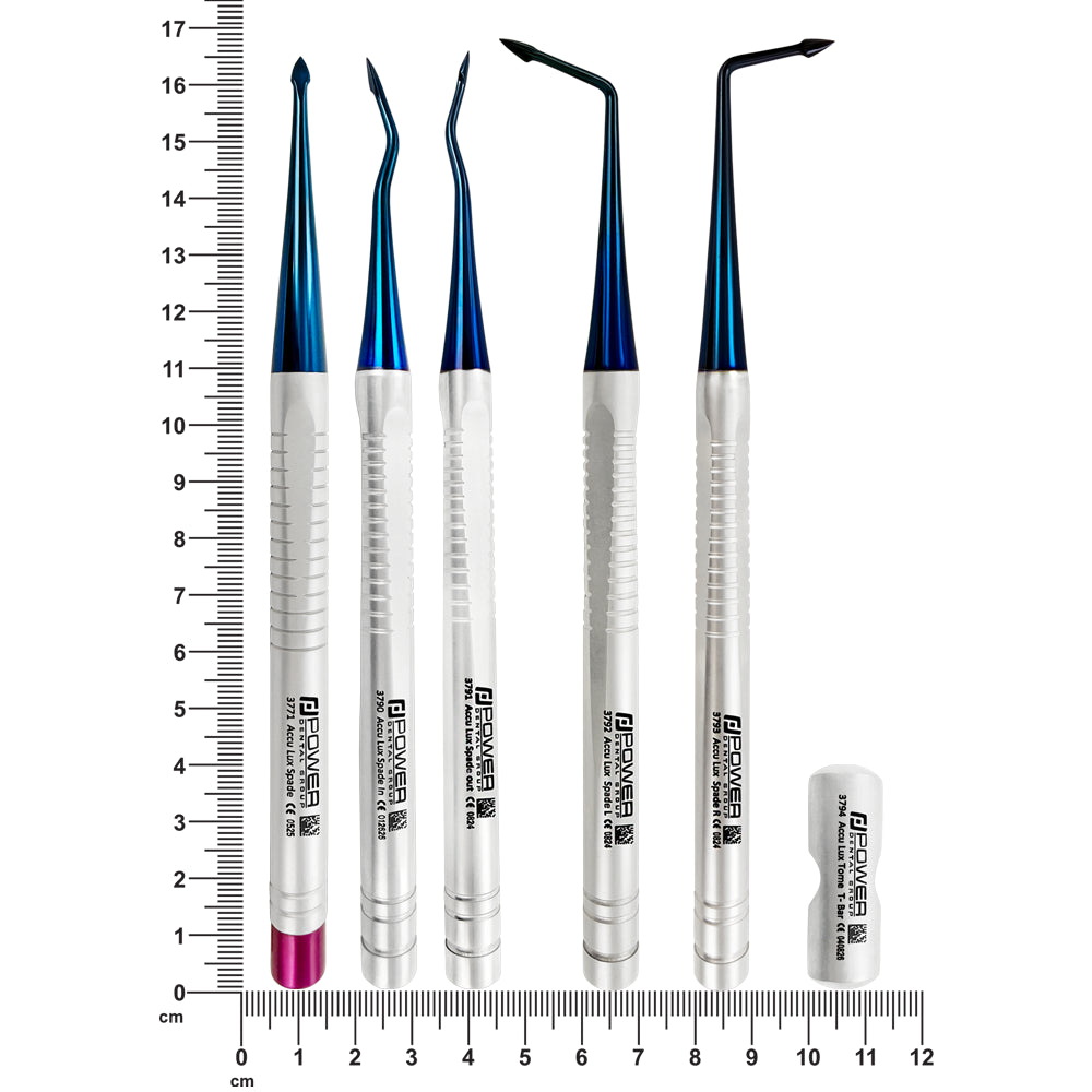 Size comparison of Accu Lux-Tome spade luxating instruments with titanium-coated serrated working ends