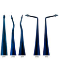 Close-up of Accu Lux-Tome serrated titanium-coated spade tip profiles: straight, in, out, left, and right