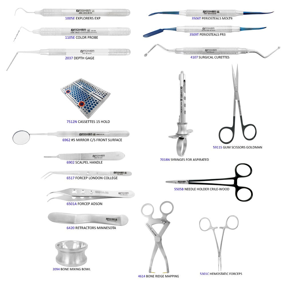 Kit de elementos esenciales para cirugía de implantes: juego de 18 con casete