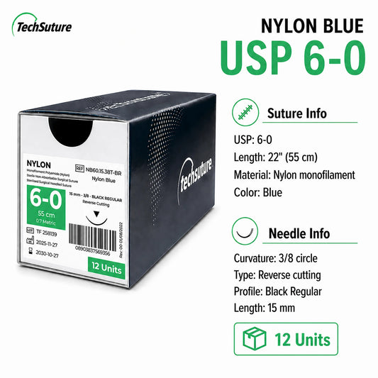Techsuture Nylon Blue Suture USP 6-0 with 15 mm 3/8 circle Black Regular reverse-cutting needle, 22 in (55 cm), box of 12