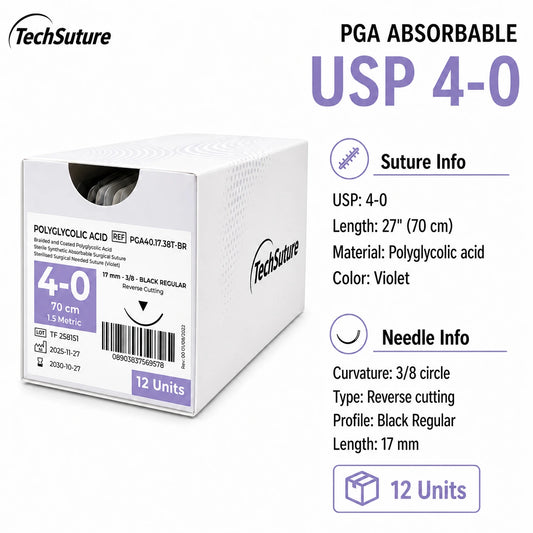 Techsuture PGA absorbable suture USP 4-0 17 mm 3/8 circle black regular box of 12 violet braided suture
