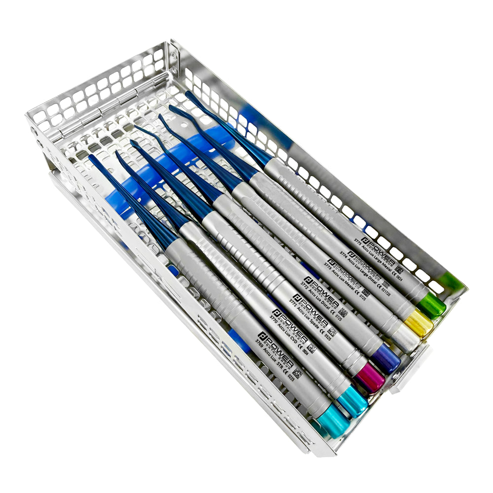 Accu Lux-Tome luxating elevator kit arranged in double hinged sterilization cassette