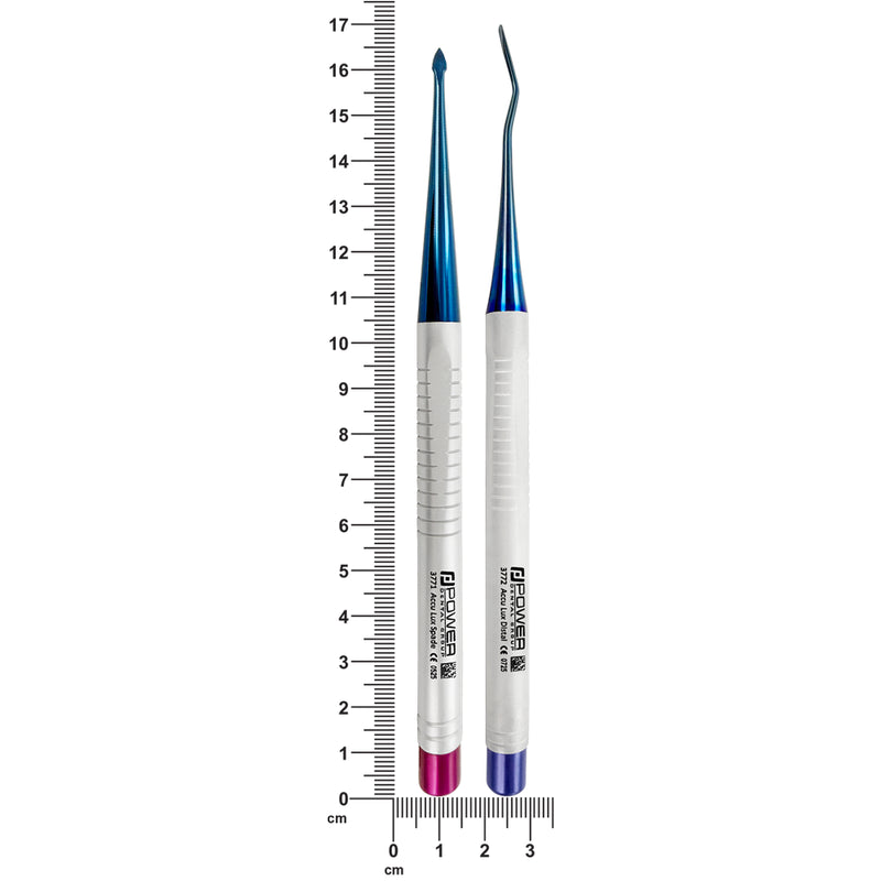 Luxating elevator instrument length measurement with scale showing working end and handle proportions
