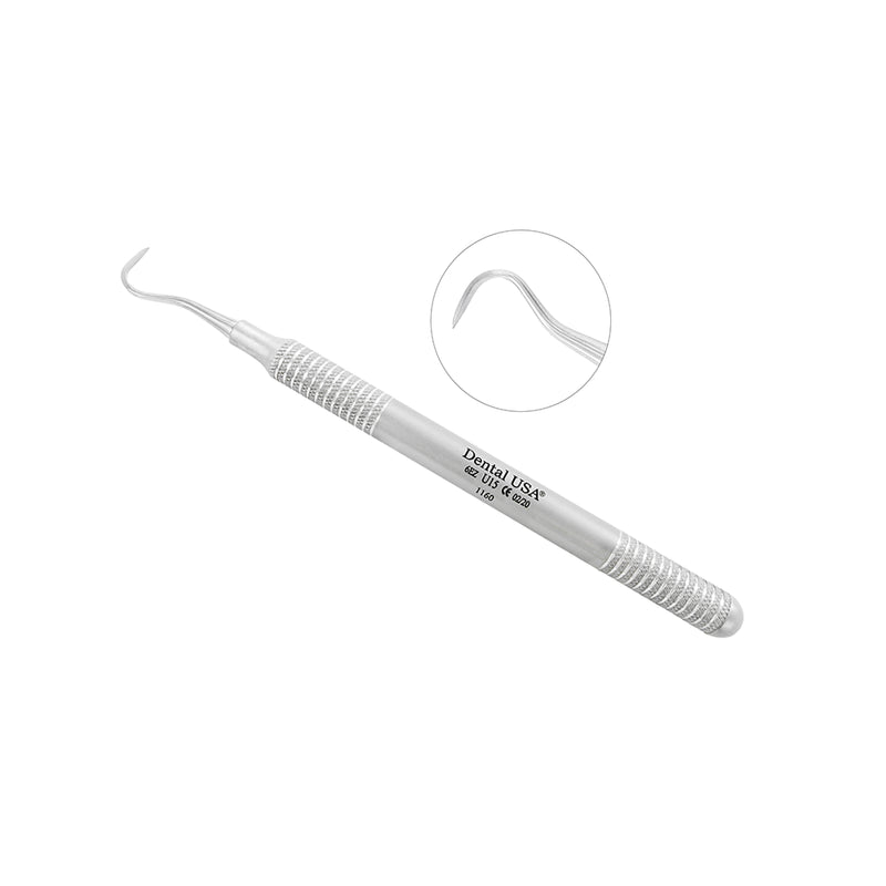 Full view of single-ended U15 Towner sickle scaler with diamond-knurled stainless steel handle, SKU 1160