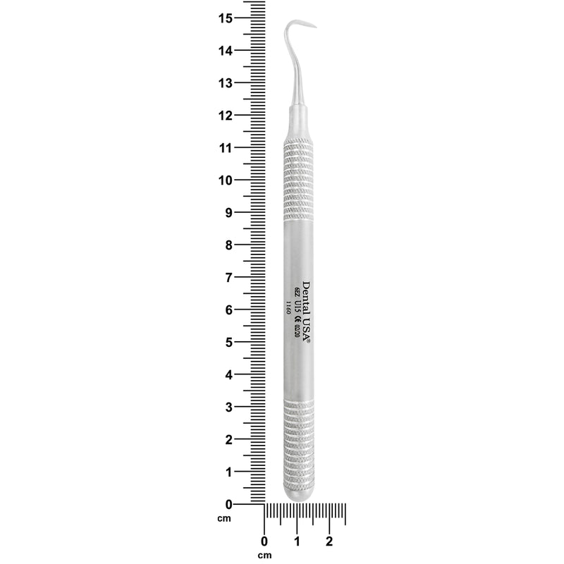 U15 Towner single-ended sickle scaler shown beside a ruler for length reference, SKU 1160