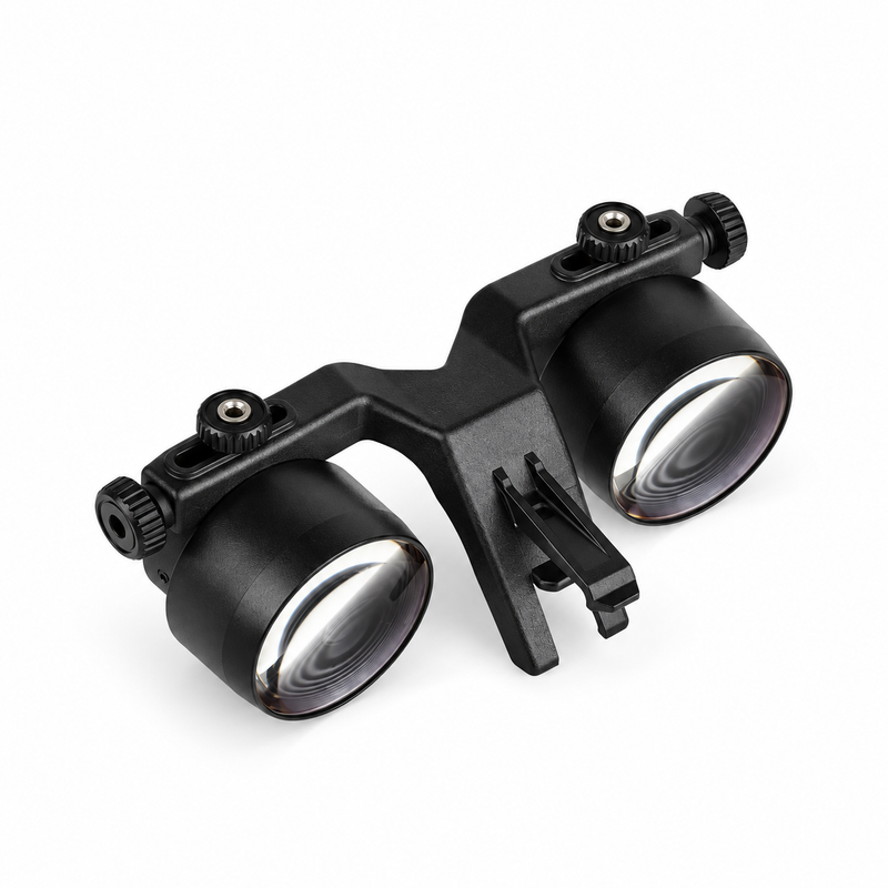BiLumix BLUM-2 Standard 2.5× macroscopic dental loupe with dual optical barrels and mounting bracket on a white background