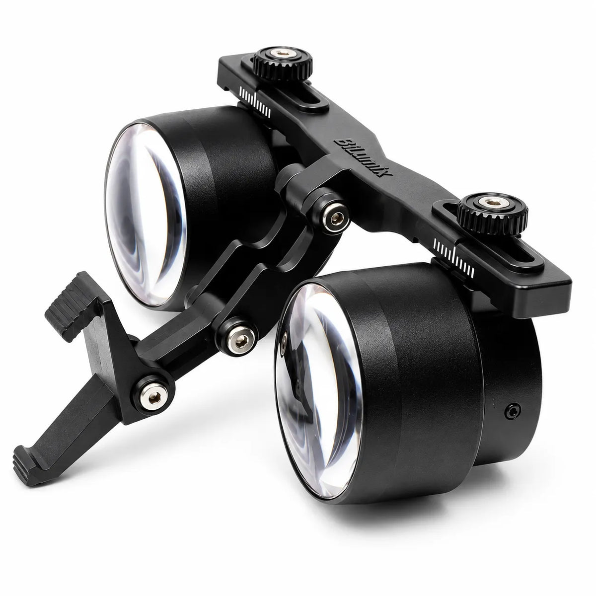 Alternate view of the BiLumix BLUM-2A 2.5× FLEX loupe highlighting its optical barrels and adjustable mount