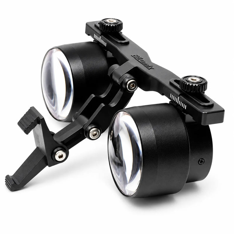 Alternate view of the BiLumix BLUM-2A 2.5× FLEX loupe highlighting its optical barrels and adjustable mount