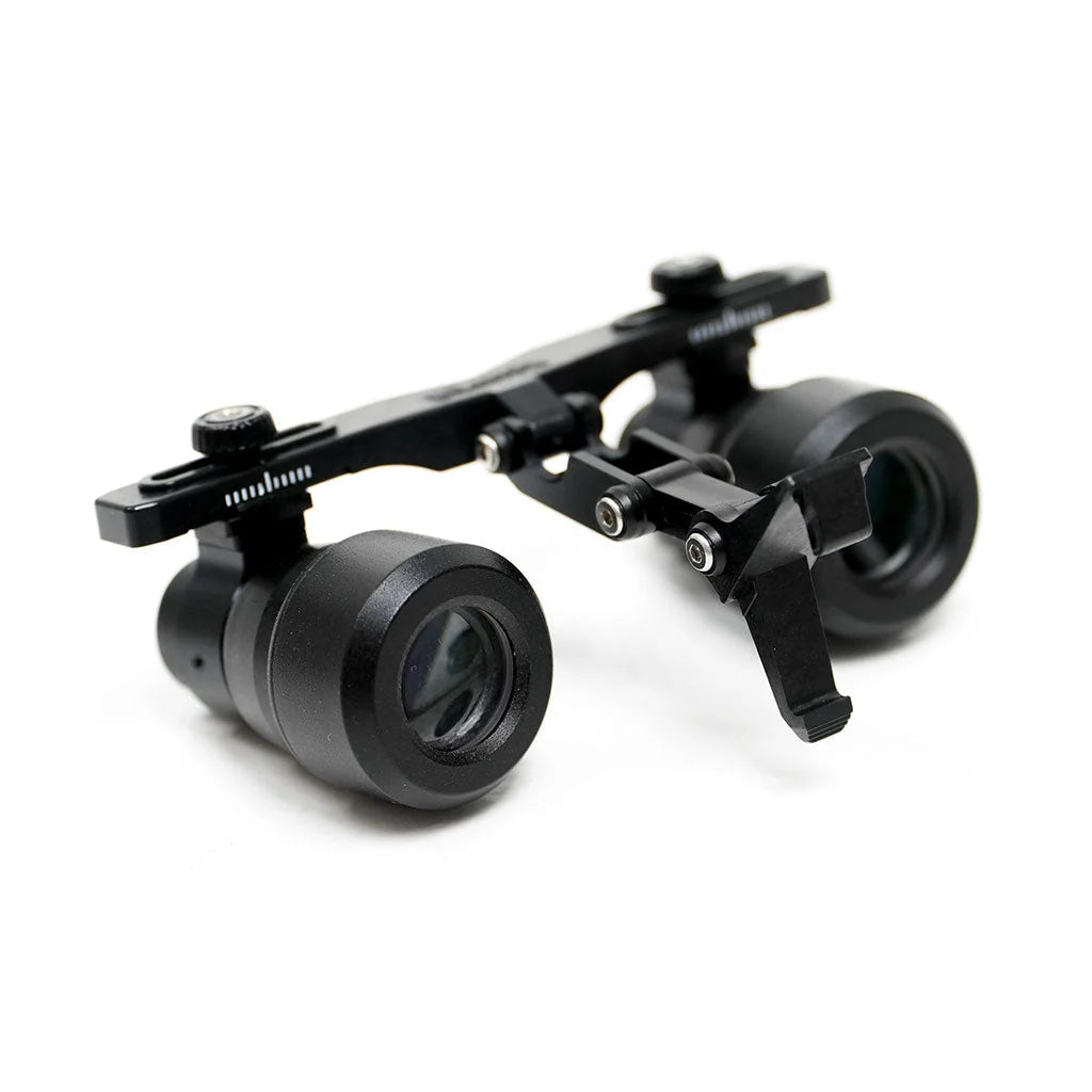 Angled view of BiLumix BLUM-3A 4.0× FLEX loupe with adjustable optical mounting assembly